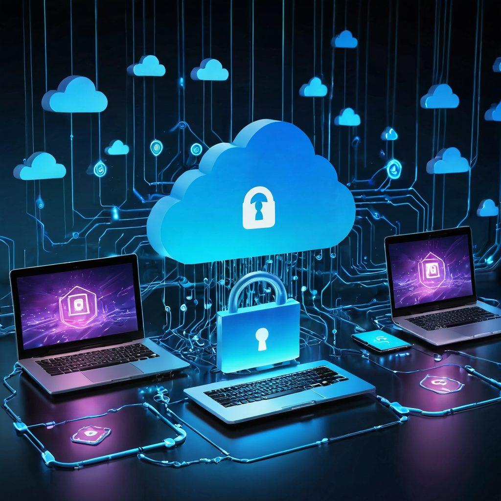 A futuristic digital landscape showcasing a secure connection symbol, with vibrant torrents of data flowing seamlessly between devices. Include elements of cloud storage and online sharing, represented by glowing icons of files and secure locks. Background shows a blue and silver color palette, suggesting security and technology advancements. Reflect a sense of innovation and digital evolution. cyberpunk. vibrant colors. high-tech style.