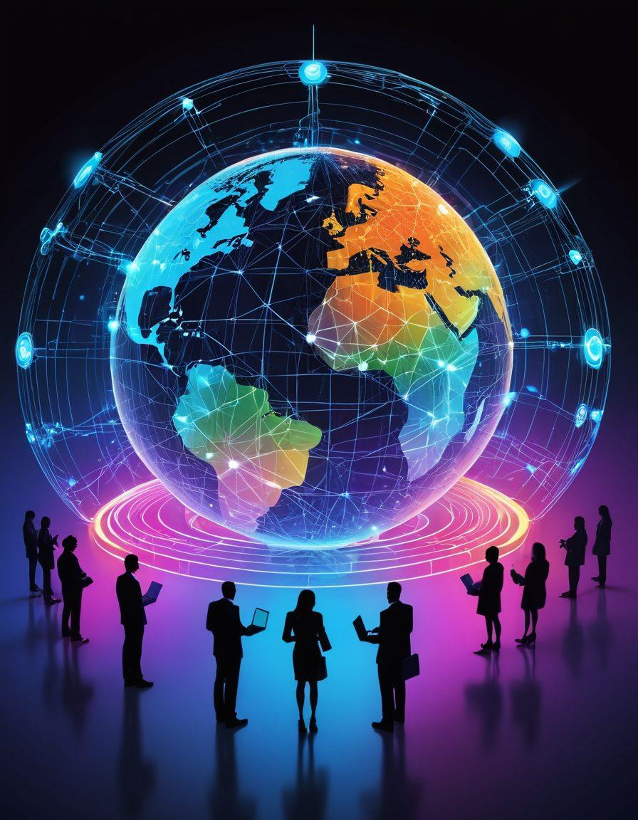 A visually engaging illustration depicting a diverse group of people sharing files seamlessly around a digital globe, connected by glowing network lines. Incorporate symbols of security, like locks and shields, to represent data privacy. Show various devices such as laptops, smartphones, and tablets in vibrant colors, emphasizing collaboration and trust. The background should have a futuristic touch with abstract digital patterns. super-realistic. vibrant colors. technology-themed.