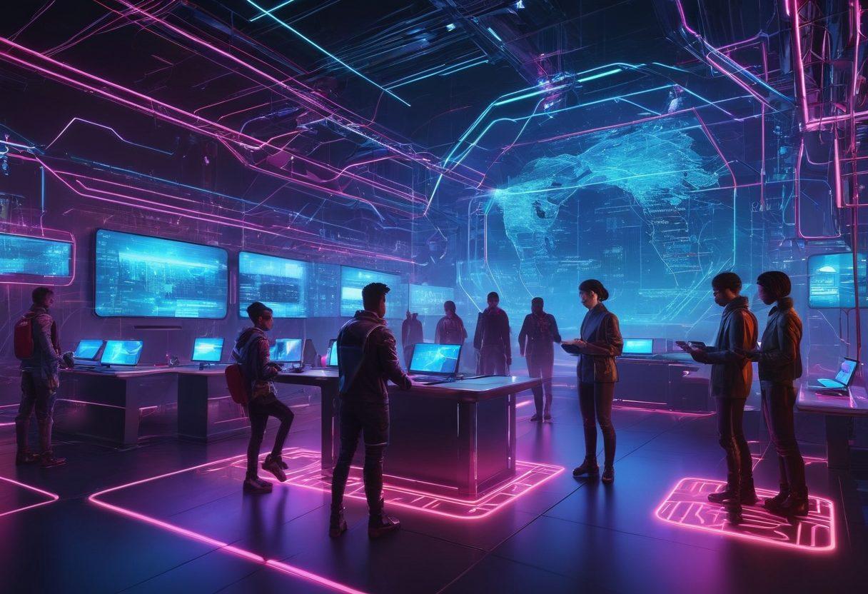 A futuristic digital landscape showcasing the evolution of online sharing, with interconnected nodes symbolizing data transfer. Include elements representing internet security, like digital locks and shields, alongside diverse people sharing content on various devices. The setting should be vibrant and dynamic, illustrating a seamless blend of technology and community. neon colors. 3D. cyberpunk.